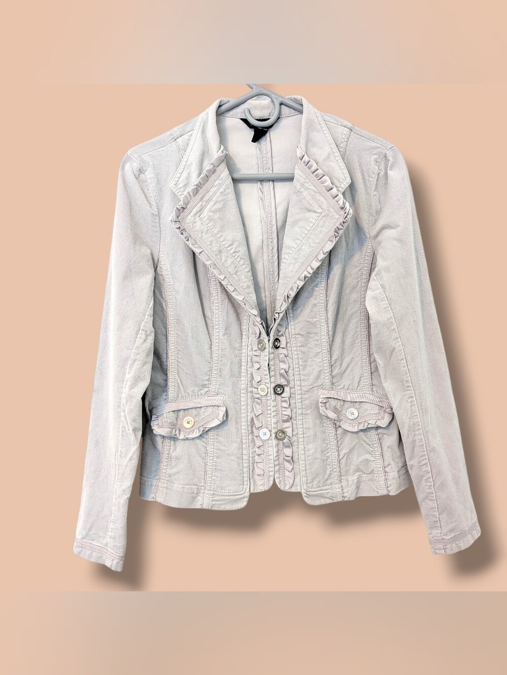 WHBM Light Grey Corduroy Cotton Ruffle V-Neck Button Front Tailored Jacket